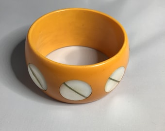 Seltenes Butterscotch Bakelit mit Perlmutt und Silber Inlays