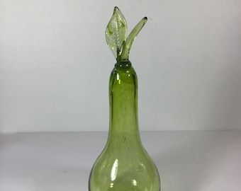 Vintage Large Hand Blown Green Art Glass Pear with a Leaf and Stem on Top