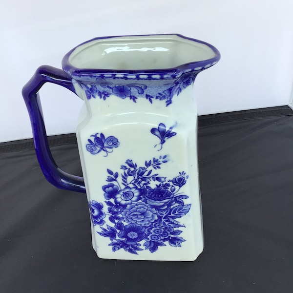 Flow Blue Ironstone Cobalt Blue Pitcher Floral Pattern