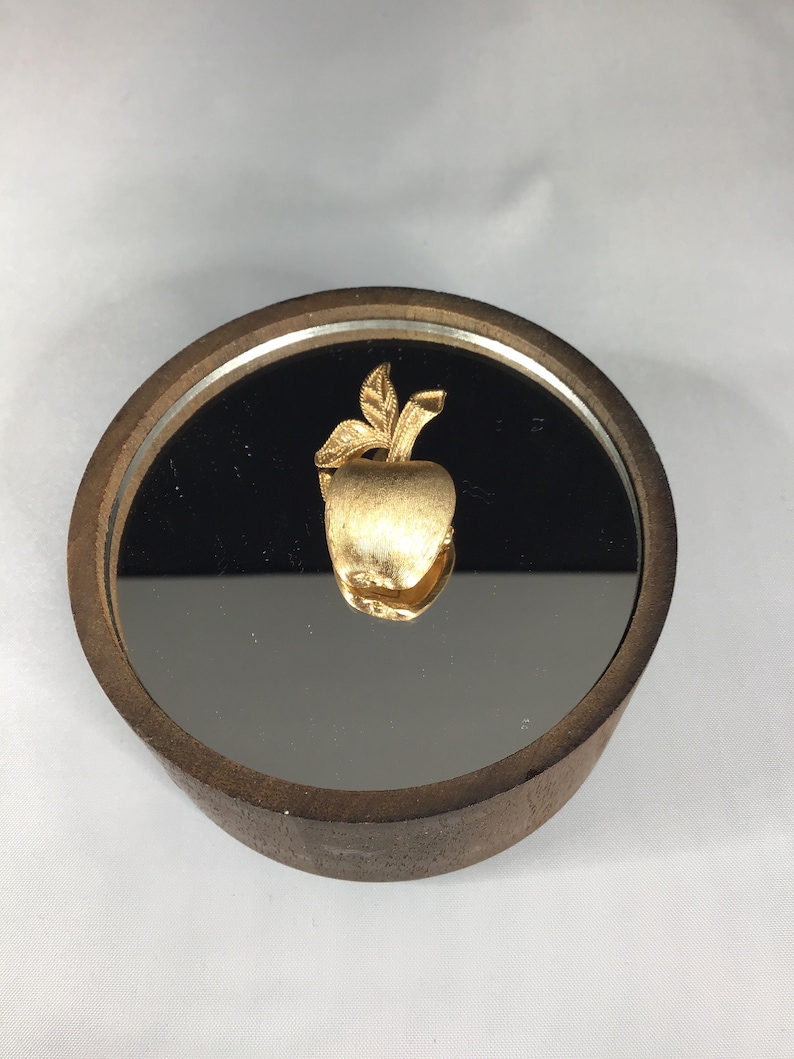 K&ouml;nnte beinhalten: Eine goldfarbene Apfelnadel mit einem Blatt liegt auf einer verspiegelten Oberfl&auml;che in einer Holzkiste.