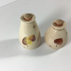 May include: A set of two ceramic salt and pepper shakers with a speckled beige glaze. The shakers feature a brown, yellow, and orange leaf design and a cork stopper.