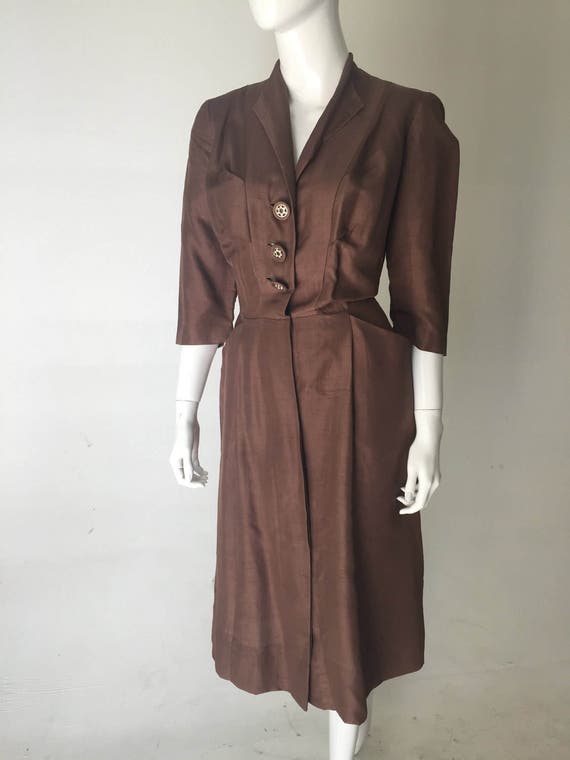 1950s Brown Silk Wiggle Day Dress with Pockets