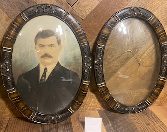 Antique Oval Picture Frame Set Gesso Convex Glass Vintage
