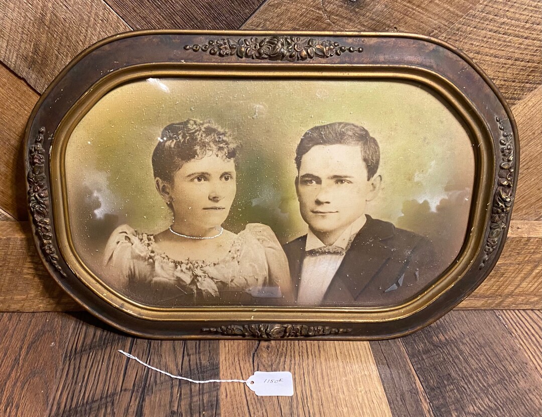 Antique Vintage Victorian Style Gesso Man Woman Convex Bubble Glass