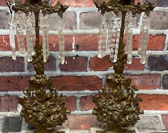 Antique vintage Victorian ornate brass crystal flower basket marble base candle holder set of 2