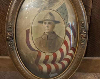 Vintage oval convex bubble glass wood military picture frame print