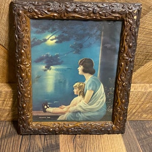 Antique vintage Victorian style old ornate wood dreaming time woman child gesso picture frame print wall hanging