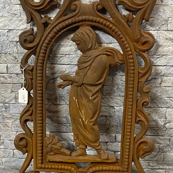 Antique vintage Victorian cast iron industrial woman ornate wall hanging fireplace den living room