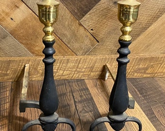 Antique vintage cast iron brass unique style fireplace andiron set