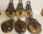 Antique vintage cast iron industrial wood farm barn pulley lot of 6