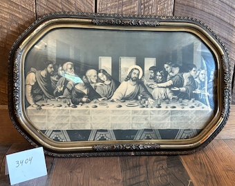 antique last supper convex bubble glass picture frame vintage gesso ornate religious Jesus  print