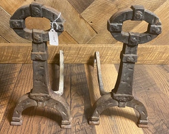 Antique vintage Victorian style ornate cast iron industrial hammered fireplace andiron set of 2