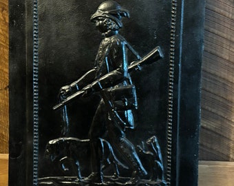 antique vintage cast iron embossed man dog hunting scene fireplace insert wall hanger