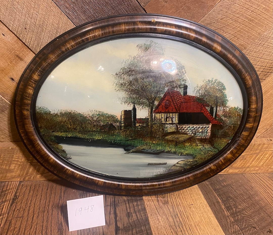 Antique Vintage Oval Reverse Painted Convex Bubble Glass the Homestead