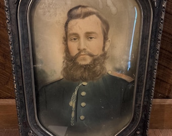 Antique vintage gesso design convex glass military war picture frame print