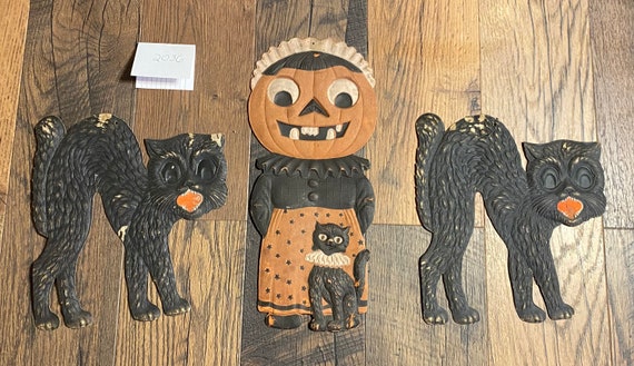 Antique vintage rare Halloween die cut pumpkin witches spooky lot of 3 hanging decorations