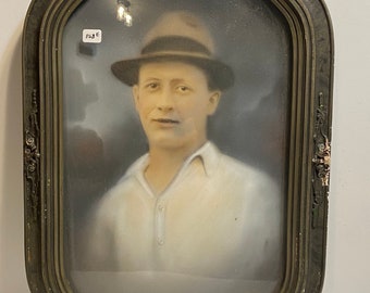 Antique Convex Glass Portrait Frame Vintage Oval Gesso Man with Hat