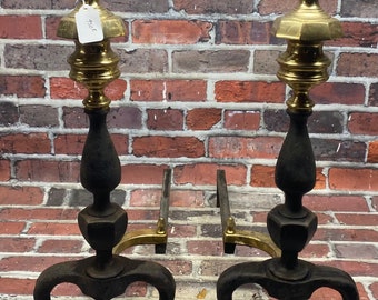 Antique vintage Victorian cast iron brass ornate fireplace andiron set