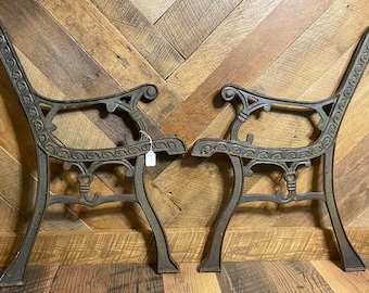 Antique Cast Iron Park Bench Legs, Ornate Scroll & Heart Design, Set of 2