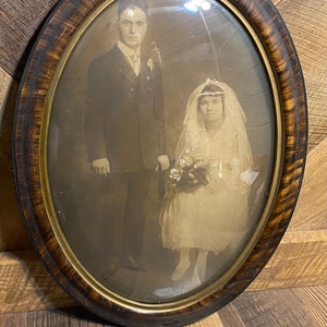 Antique vintage Victorian style oval wood old convex bubble glass wedding scene picture frame print wall