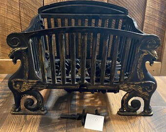 Antique vintage gothic rare unique medieval style dragon ornate heavy fireplace log holder unit