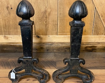 Antique vintage Victorian style ornate cast iron industrial fireplace andiron set