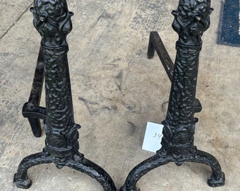 antique vintage ornate cast iron rare unique fireplace andiron set