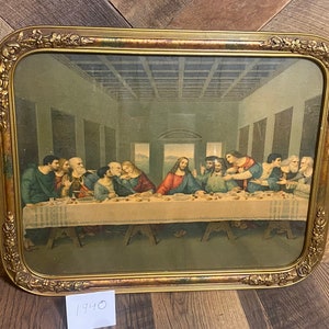 Antique vintage Victorian style old ornate gesso flat glass unique Jesus religious last supper picture frame print