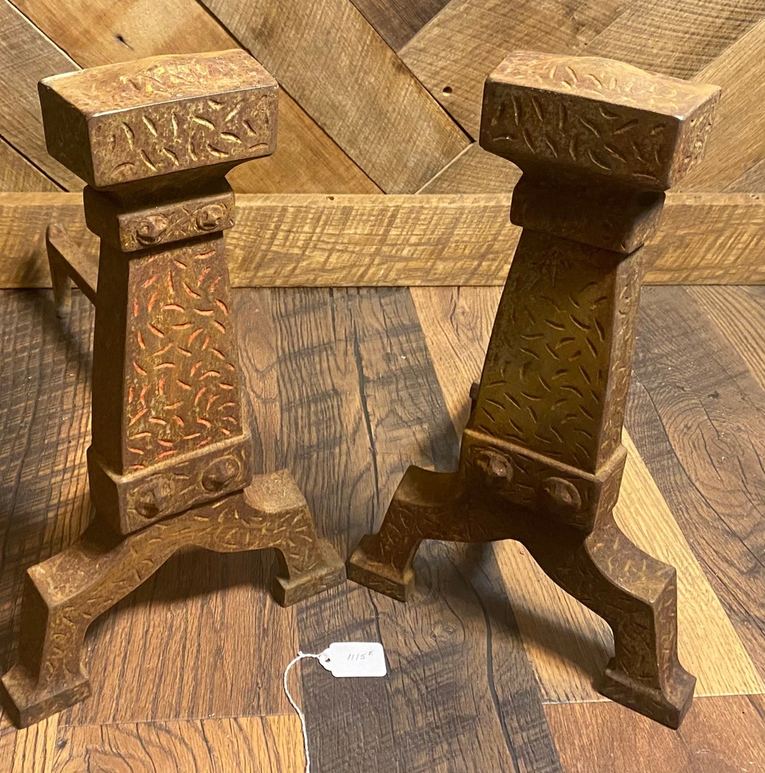 Antique Vintage Victorian Cast Iron Art Deco Ornate Fireplace Andiron Set of 2 Etsy