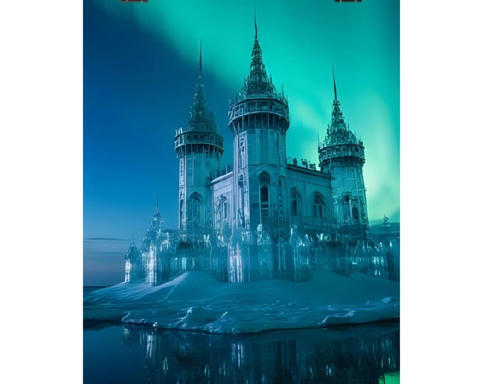 Vertical Posters, Winter Wonderland Castle Print, Frozen Pond and Aurora Borealis Wall Art, Matte Poster Decoration, Snowy Castle Scene,