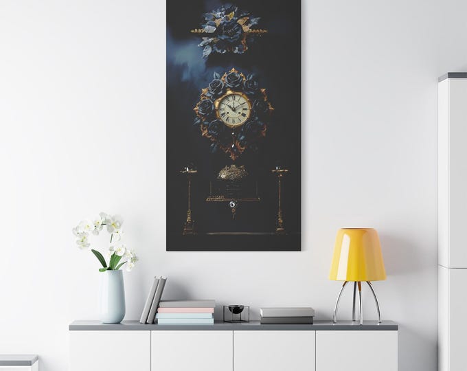 Gothic Wall Art- Gold Clock With Black Roses