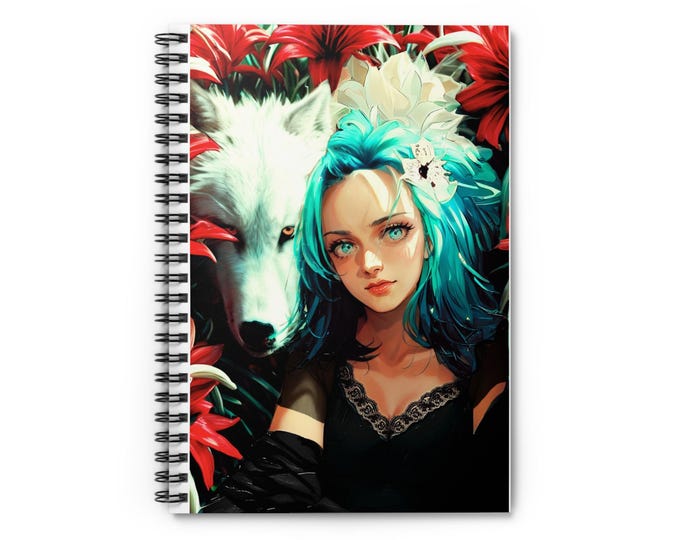 Spiral Notebook with Floral and Wolf Design