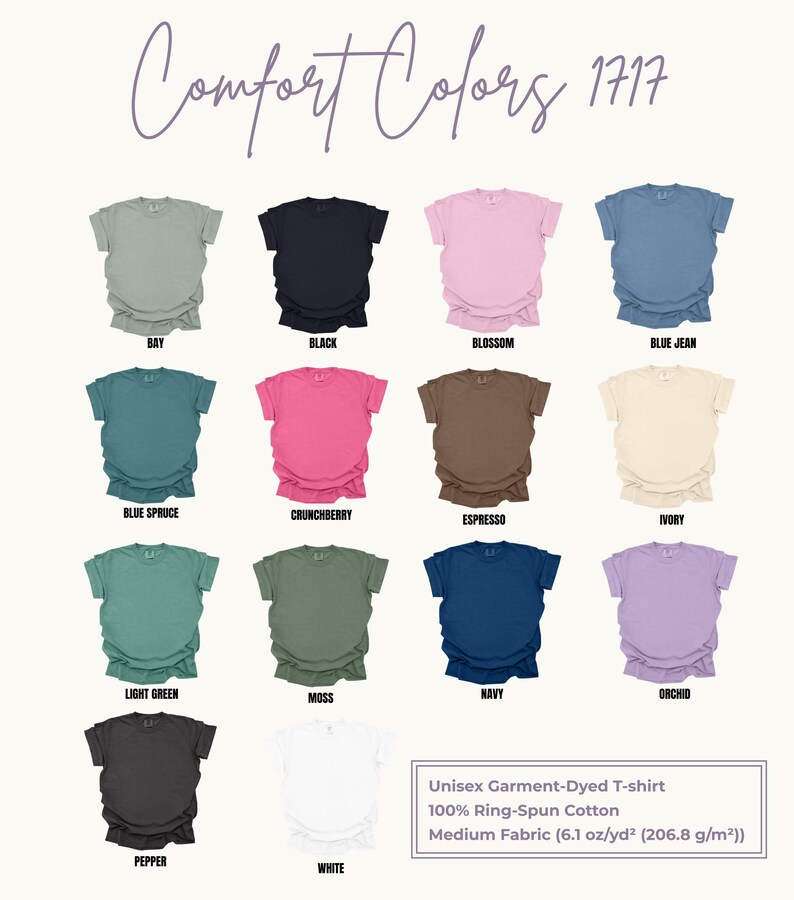 Puede incluir: Una exhibici&oacute;n de camisetas unisex te&ntilde;idas con diferentes colores, incluyendo Bay, Black, Blossom y Blue Jean. La imagen tambi&eacute;n muestra colores como Blue Spruce, Crunchberry, Espresso e Ivory. Colores adicionales son Light Green, Moss, Navy, Orchid, Pepper y White.