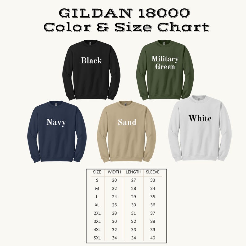 May include: A color and size chart for Gildan 18000 sweatshirts. The sweatshirts are displayed in black, military green, white, navy, and sand. The chart includes measurements for width, length, and sleeve length in inches for sizes S through 5XL.