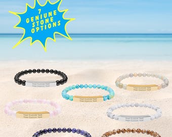 Pulsera de piedra natural grabada personalizada, joyería de afirmación, pulsera grabada personalizada, pulsera de cuentas con piedras semipreciosas