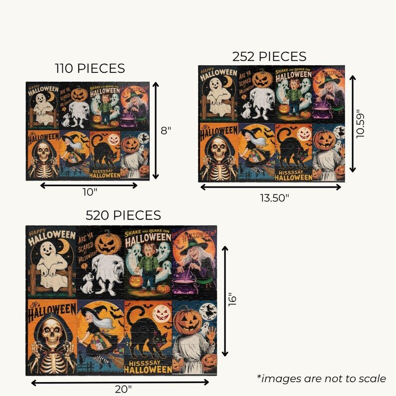 K&ouml;nnte beinhalten: Drei Halloween-Puzzles werden gezeigt: 110 Teile (25,4cm x 20,32cm), 252 Teile (34,29cm x 26,90cm) und 520 Teile (50,8cm x 40,64cm). Jedes Puzzle zeigt Halloween-Illustrationen im Vintage-Stil mit Geistern, K&uuml;rbissen und Skeletten. Der Text enth&auml;lt "Happy Halloween" und "Shake or Quake on Halloween".