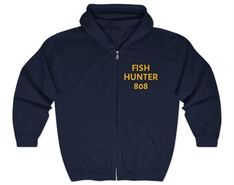 Sudadera con capucha y cremallera Fish Hunter 808, elegante prenda de pesca, unisex, ideal para actividades al aire libre, regalo para amantes de la pesca, ropa informal para el día a día.