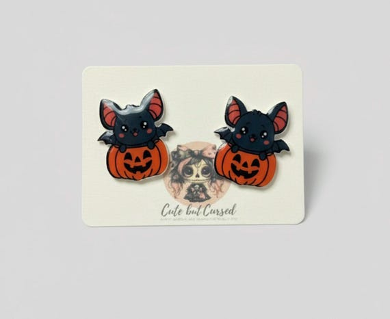 Kawaii Bat Pumpkin Earrings – Cute Halloween Jewelry (Imperfect Sale)
