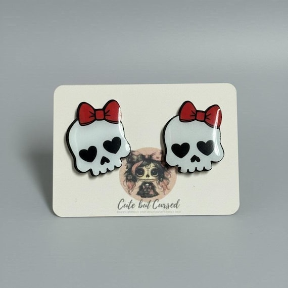 Girly Skull Earrings with Red Bows – Cute Gothic Halloween Jewelry (Imperfect Sale)