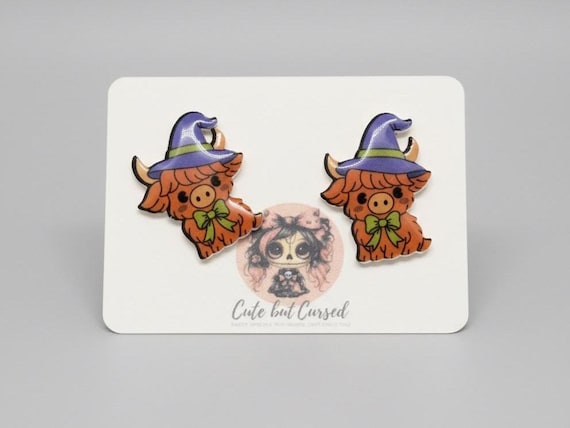 Witchy Highland Cow Earrings – Spooky Cute Halloween Jewelry (Imperfect Sale)