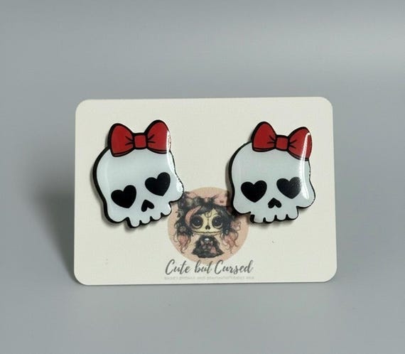 Girly Skill Earrings with Red Bows - Creepy Cute Heart Eyes Halloween Jewelry Cute but Cursed Accessories