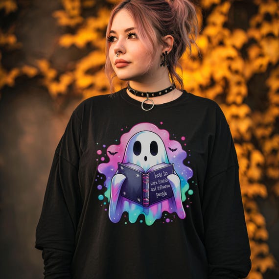 Ghost Reading Long Sleeve T-Shirt, Spooky Shirt, Halloween Apparel, Unisex Tee, Book Lover, Cozy Fall Fashion