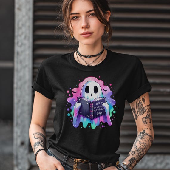Spooky Ghost Reading Unisex T-Shirt, Halloween Book Lover Gift, Pastel Cute Tee, Comfortable Casual Wear, Ghost Design