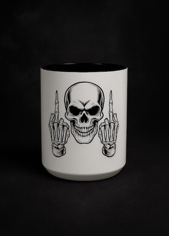 Mug, Edgy Skull Flipping You Off Coffee Cup, Sarcastic Novelty Tea Mug, Rude Middle Finger Mug, Alternative Beverage