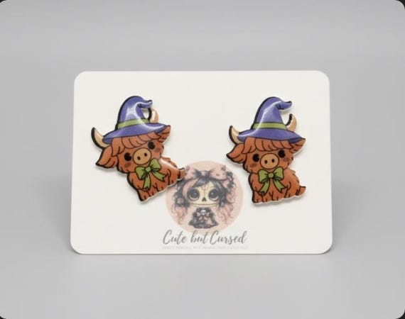 Highland Cow Witch Earrings – Cute Halloween Earrings | Spooky Cow Jewelry | Cute but Cursed Creepy Cute Accessories