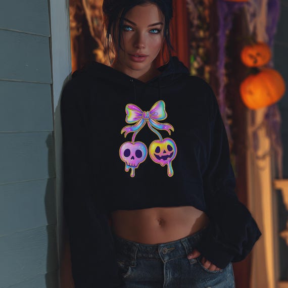 Rainbow Skull Crop Hoodie: Edgy Streetwear, Halloween Fashion
