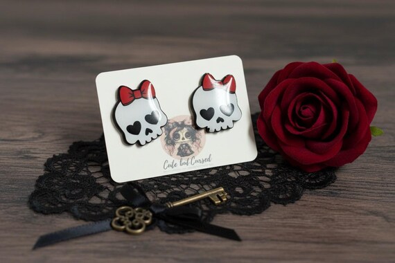 Girly Skill Earrings with Red Bows - Cute Heart Eyes Jewelry