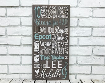 10 year anniversary gifts for women, anniversary gift, metal wall art, tin anniversary gift, family name sign,  gift for him, personalized