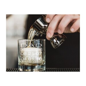 May include: A clear glass with the text "DAD ESTABLISHED 08.21.07 MASON 04.01.10 MADI KAY" etched on the side. A hand is pouring liquid into the glass.