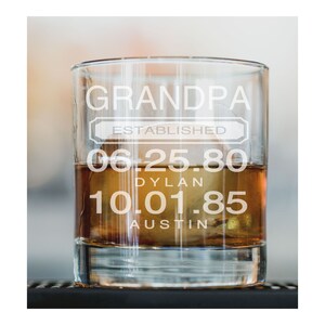 May include: A clear glass tumbler with the text "Grandpa Established 06.25.80 Dylan 10.01.85 Austin" etched on the side.